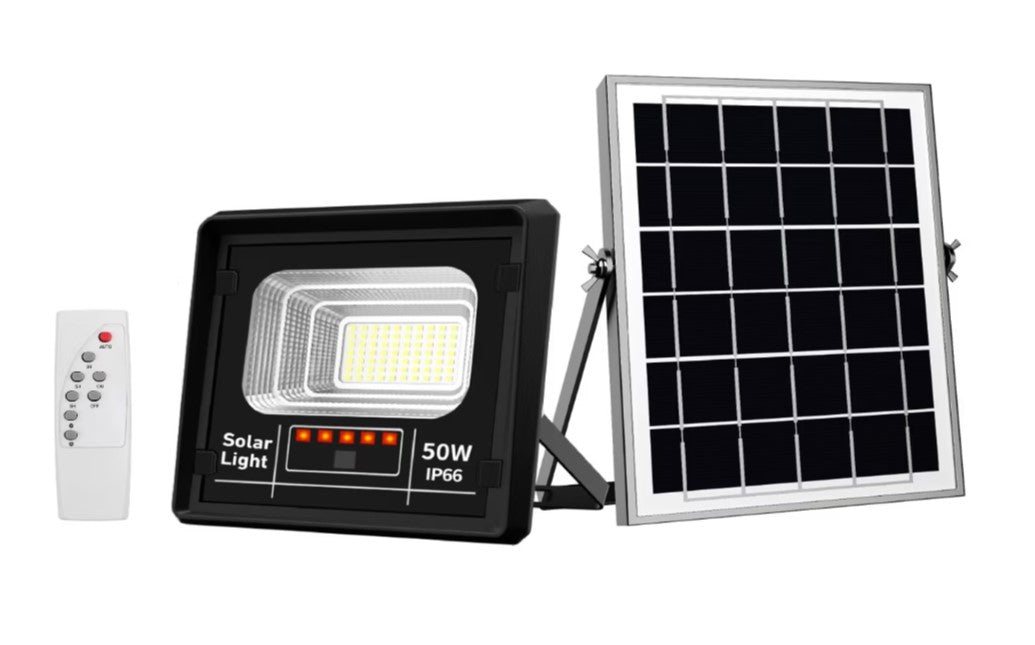 Proiector JORTAN LED 50W cu panou solar si telecomanda, IP66