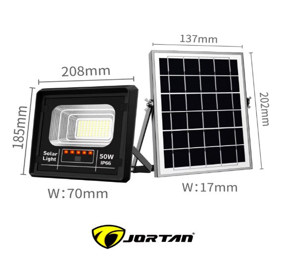 Proiector JORTAN LED 50W cu panou solar si telecomanda, IP66