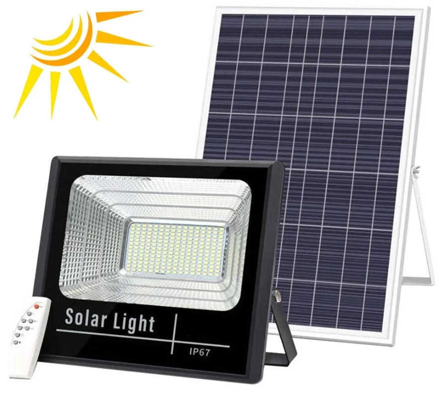 Proiector JORTAN LED 100W cu panou solar si telecomanda, IP66