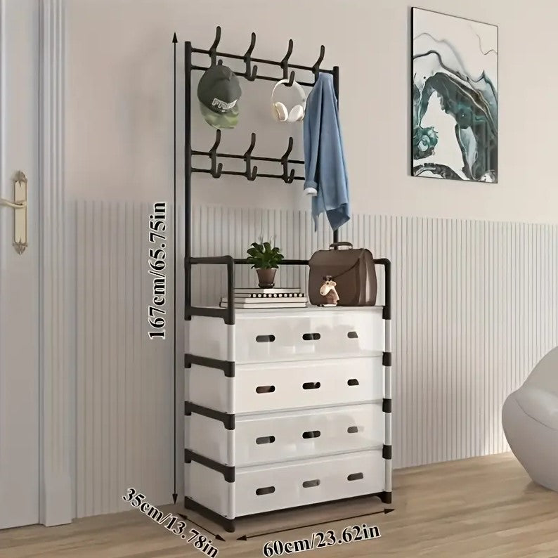 Cuier cu raft pantofi pe 4 niveluri si 8 carlige duble 77 x 35 x 167 cm Alb sau Negru