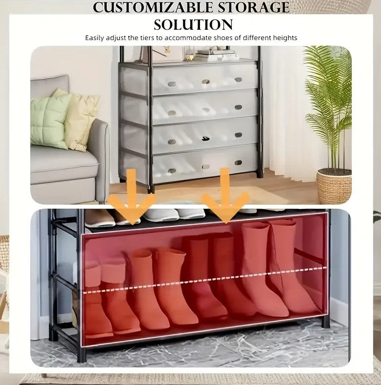 Cuier cu raft pantofi pe 4 niveluri si 8 carlige duble 77 x 35 x 167 cm Alb sau Negru