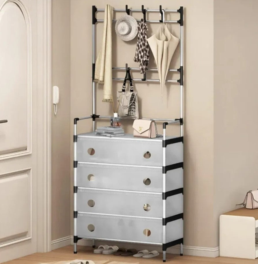 Cuier cu raft pantofi pe 4 niveluri si 8 carlige duble 77 x 35 x 167 cm Alb sau Negru