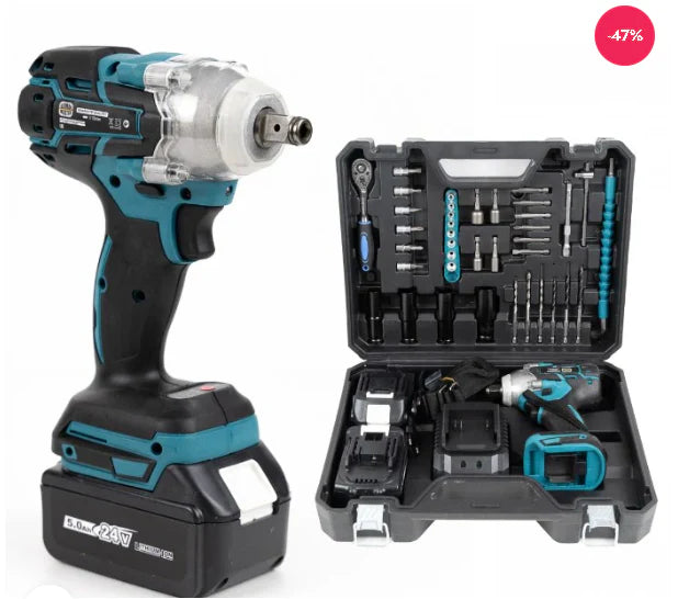 Cheie de Impact- Masina de Insurubat 550Nm cu 43 de Accesorii, 2 Acumulatori 24V si Trusa